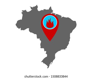 Map of Brazil and pin with fire warning