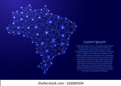 Map of Brazil from polygonal blue lines and glowing stars vector illustration