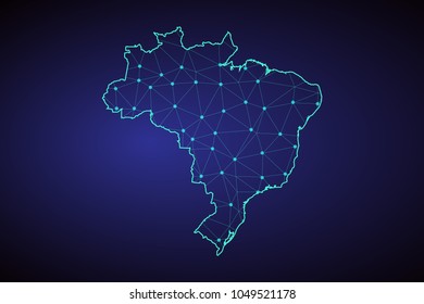 Map of Brazil from Polygonal wire frame low poly mesh, contours network line, luminous space stars, design sphere, dot and structure. Vector Illustration EPS10.