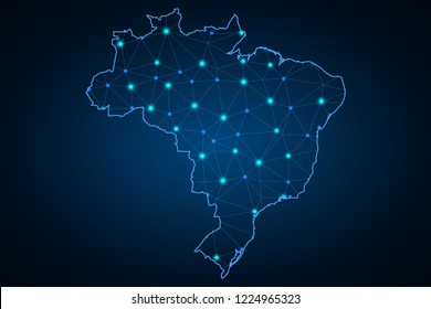 Map of Brazil from Polygonal wire frame low poly mesh, contours network line, luminous space stars, design sphere, dot and structure. Vector Illustration EPS10.