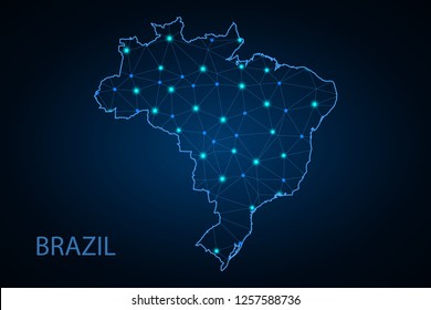 Map of Brazil from Polygonal wire frame low poly mesh, contours network line, luminous space stars, design sphere, dot and structure. Vector Illustration EPS10. - Vector