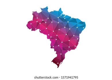 Map of Brazil from Polygonal wire frame low poly mesh, contours network line, luminous space stars, design sphere, dot and structure. Vector Illustration EPS10.