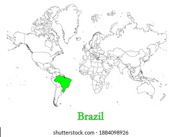 Mapa de Brasil.  El mapa muestra la ubicación de Brasil en el mundo. El mapa vectorial es apropiado para impresiones de todos los tamaños. Un mapa aislado sobre fondo blanco.