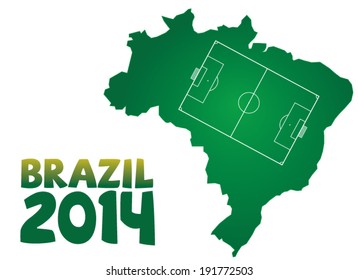 Map of Brazil with soccer field across it, on white background with sign Brazil 2014