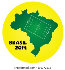 Map of Brazil with soccer field across it, on yellow round background with sign Brazil 2014