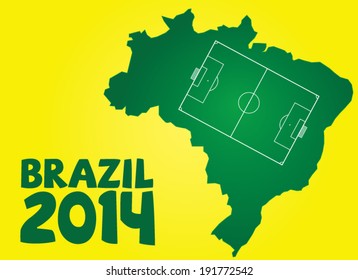 Map of Brazil with soccer field across it, on yellow background with sign Brazil 2014