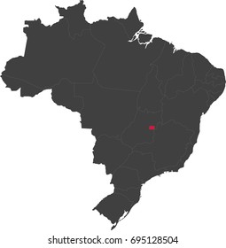 Map of Brazil split into individual states. Highlighted state of Distrito Federal.
