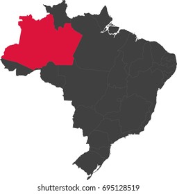 Map of Brazil split into individual states. Highlighted state of Amazonas.
