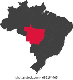 Map of Brazil split into individual states. Highlighted state of Mato Grosso.
