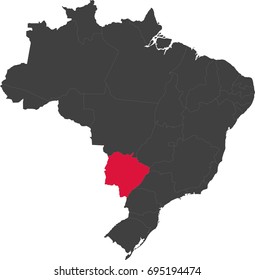 Mapa de Brasil dividido en estados individuales. Destacado estado de Mato Grosso do Sul.
