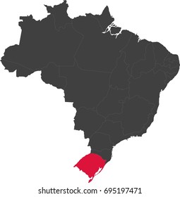 Map of Brazil split into individual states. Highlighted state of Rio Grande do Sul.
