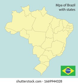 map of brazil with states, flag in the corner, vector illustration