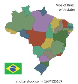 map of brazil with states, flag in the corner, vector illustration