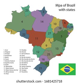 map of brazil with states, flag in the corner, vector illustration