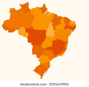 Map of Brazil with states. Just a simple country border map with state division. Orange color palette. Flat Brazil shape with administrative division. Vector illustration.