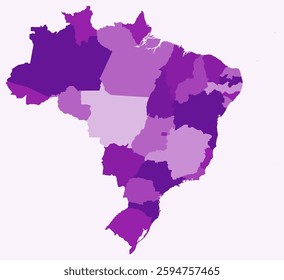 Map of Brazil with states. Just a simple country border map with state division. Purple color palette. Plain Brazil shape with administrative division. Vector illustration.