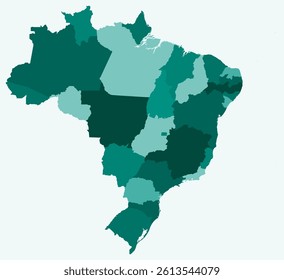 Map of Brazil with states. Just a simple country border map with state division. Teal color palette. Blank Brazil shape with administrative division. Vector illustration.