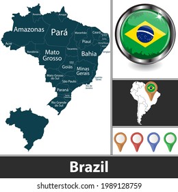 Mapa de Brasil con estados y ubicación en el mapa sudamericano. Imagen del vector