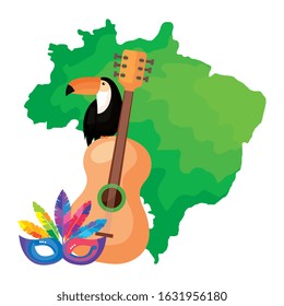 map brazil with toucan and icons traditional vector illustration design