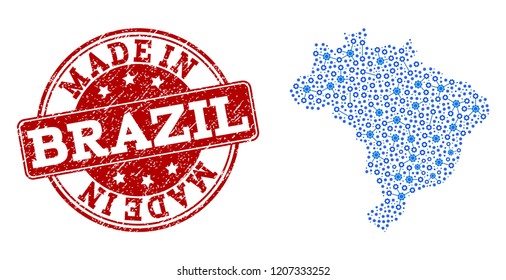 Map of Brazil vector mosaic and Made In grunge stamp. Map of Brazil composed with blue gear connections. Made in red seal with grunge rubber texture.