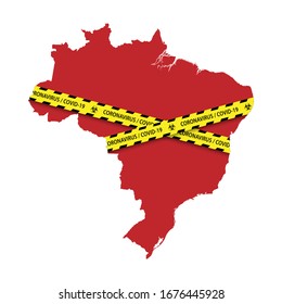 Mapa de Brasil con cinta amarilla de cuarentena de advertencia. Banner del coronavirus del peligro
