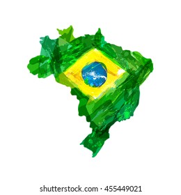 Map of Brazil. Watercolor hand drawn Brazilian map with national flag. Watercolor background, ink stains, colors in Brazil concept. Template for cover design, advertising, banner, card, brochure