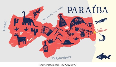 Mapa del estado brasileño de Paraíba. Con diferentes símbolos de flora y fauna, nombres geográficos, letras. Ilustración vectorial.