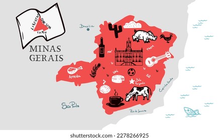 Map of the Brazilian state of Minas Gerais. With different foods and fauna symbols, geographic names, letters. Vector illustration.