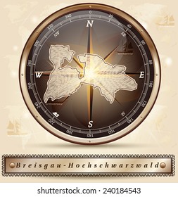 Map of Breisgau-Hochschwarzwald with borders in bronze