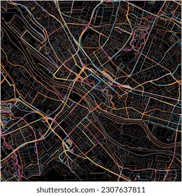 Karte von Bremen, Bremen mit allen wichtigen und kleineren Straßen, Eisenbahnen und Wasserstraßen. Farbige Linienkunst auf schwarzem Hintergrund.