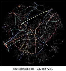 Map of Brentwood, East of England with all major and minor roads, railways and waterways. Colorful line art on black background.