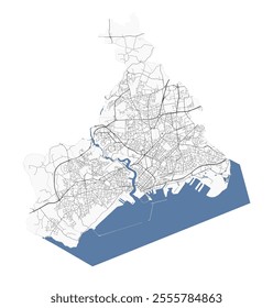 Map of Brest, France. Detailed city vector map, metropolitan area. Streetmap with roads.