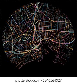 Map of Bridgeport, Connecticut with all major and minor roads, railways and waterways. Colorful line art on black background.
