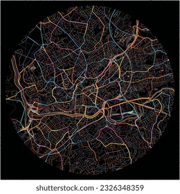 Mapa de Bristol, Suroeste de Inglaterra con todas las carreteras principales y menores, ferrocarriles y vías fluviales. Coloridas líneas de arte sobre fondo negro.