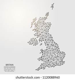 A map of Britain consisting of 3D triangles, lines, points, and connections. Vector illustration of the EPS 10.