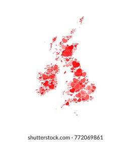 map of britain and ireland filled with abstract red hearts mosaic of different sizes and degrees of transparency on white background