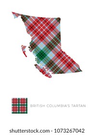 map of british columbia in canada filled with pattern of regional tartan and fragment of it on white background