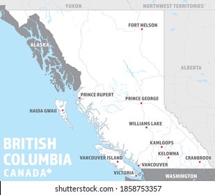 Map of British Columbia, Canada. Simple touristic BC travel map with destination cities, highways, lakes, surrounding Canadian provinces and American states. Modern blue white and grey colors.