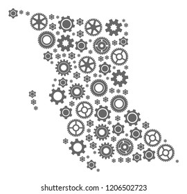 Map of British Columbia Province designed with gray cog symbols. Vector abstract mosaic of map of British Columbia Province with job symbols. Engineering flat design for repair posters.
