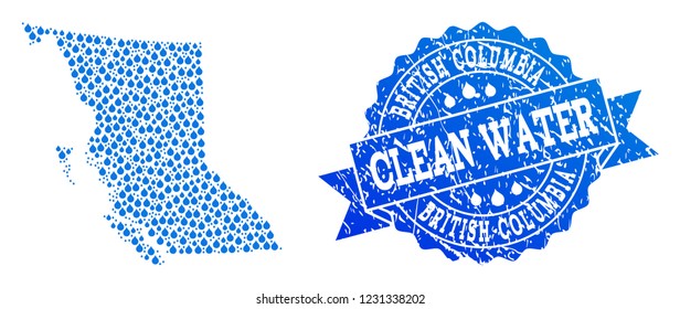 Map of British Columbia Province vector mosaic and clean water grunge stamp. Map of British Columbia Province composed with blue water dews. Seal with unclean rubber texture for clean drinking water.