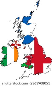 Map of the British Isles with Flags and Borders