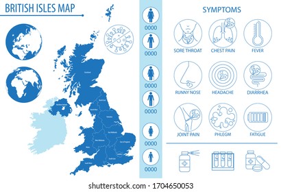 Mapa de las Islas Británicas con pictogramas e íconos sintomáticos de Covid-19 y otras enfermedades respiratorias, ilustración vectorial de infografías y carteles