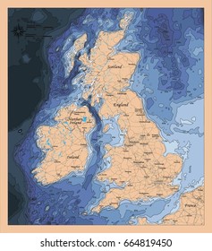 Map of British Isles and the sea depths in layers