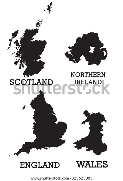Map of the British Isles, UK, Great Britain,\
Black solid separated\
regions.
