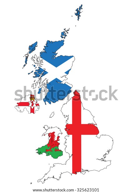 Map of the British Isles, UK, Great Britain,\
Separated regions with\
flags.