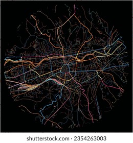 Karte von Brive-la-Gaillarde, Corrèze mit allen wichtigen und kleineren Straßen, Eisenbahnen und Wasserstraßen. Farbige Linienkunst auf schwarzem Hintergrund.