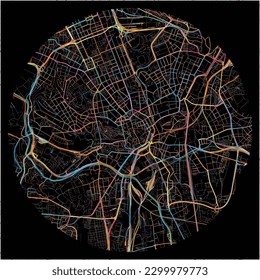 Map of Brno with all major and minor roads, railways and waterways. Colorful line art on black background.