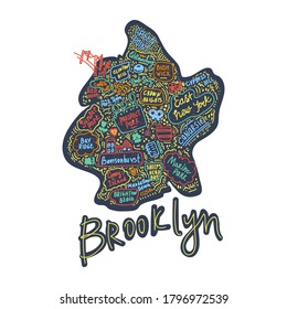 Map Of Brooklyn New York USA Flat Drawn Vector Illustration. American States City, District, Name Inscriptions And Cartoon Attractions, Tourist Attractions Clipart. Us Trips, Travel Poster Comics