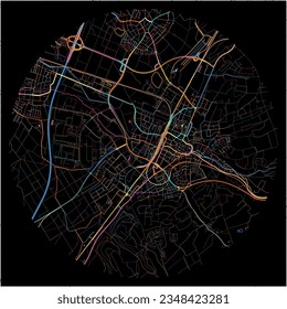 Map of Bruchsal, Baden-Wuerttemberg with all major and minor roads, railways and waterways. Colorful line art on black background.