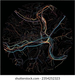 Map of BruckanderMur, Styria with all major and minor roads, railways and waterways. Colorful line art on black background.